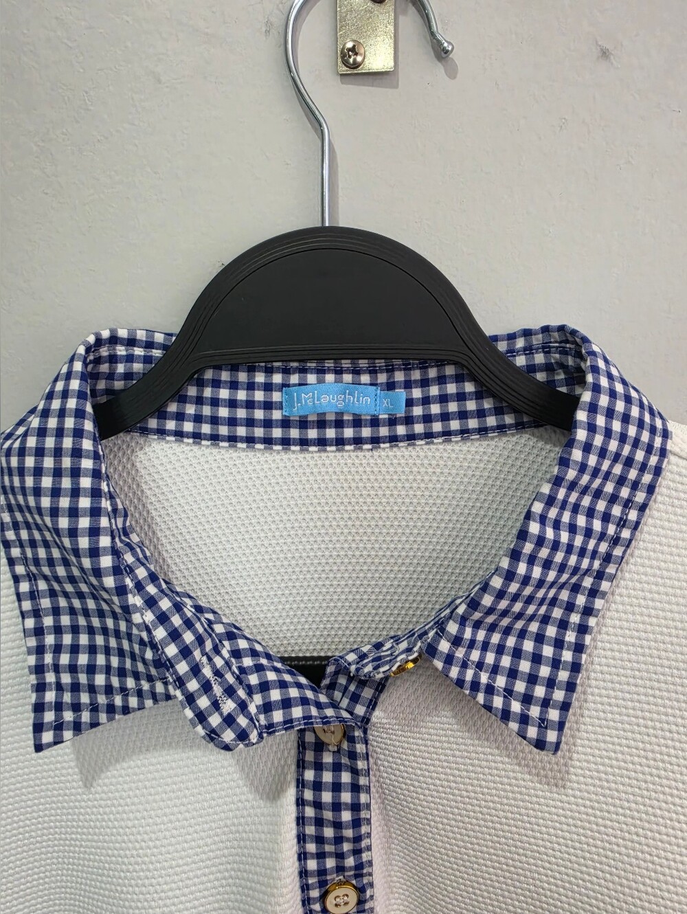 J.McLaughlin Long Sleeve Waffle Texture Polo Shirt White Blue Gingham Size XL - Picture 2 of 12